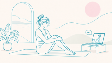 Teal line illustration of a woman on a Pilates mat talking with an instructor on a laptop.