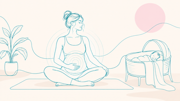Postpartum seated core connection with a sleeping baby beside her, LOVJOY blog cover