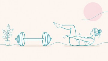A rigid barbell and a flowing Pilates hundred drawn as one continuous teal line, LOVJOY blog cover
