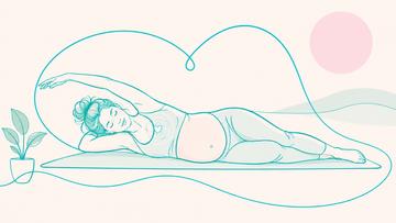 Pregnant woman in a supported side-lying stretch traced by a heart line, LOVJOY blog cover