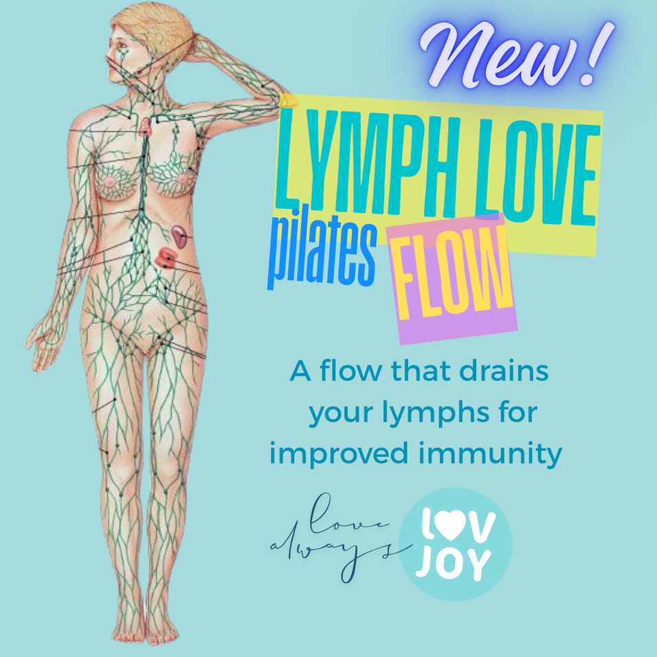 Illustration of a human body with lymphatic system highlighted, promoting 'Lymph Love Pilates Flow' on a light blue background.