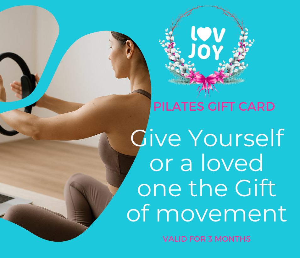 LOVJOY Pilates gift card with a Tiffany blue water bottle in a Christmas setting
