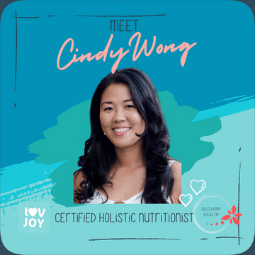 Promotional graphic featuring Cindy Wong, a certified holistic nutritionist, with a blue background and branding elements.