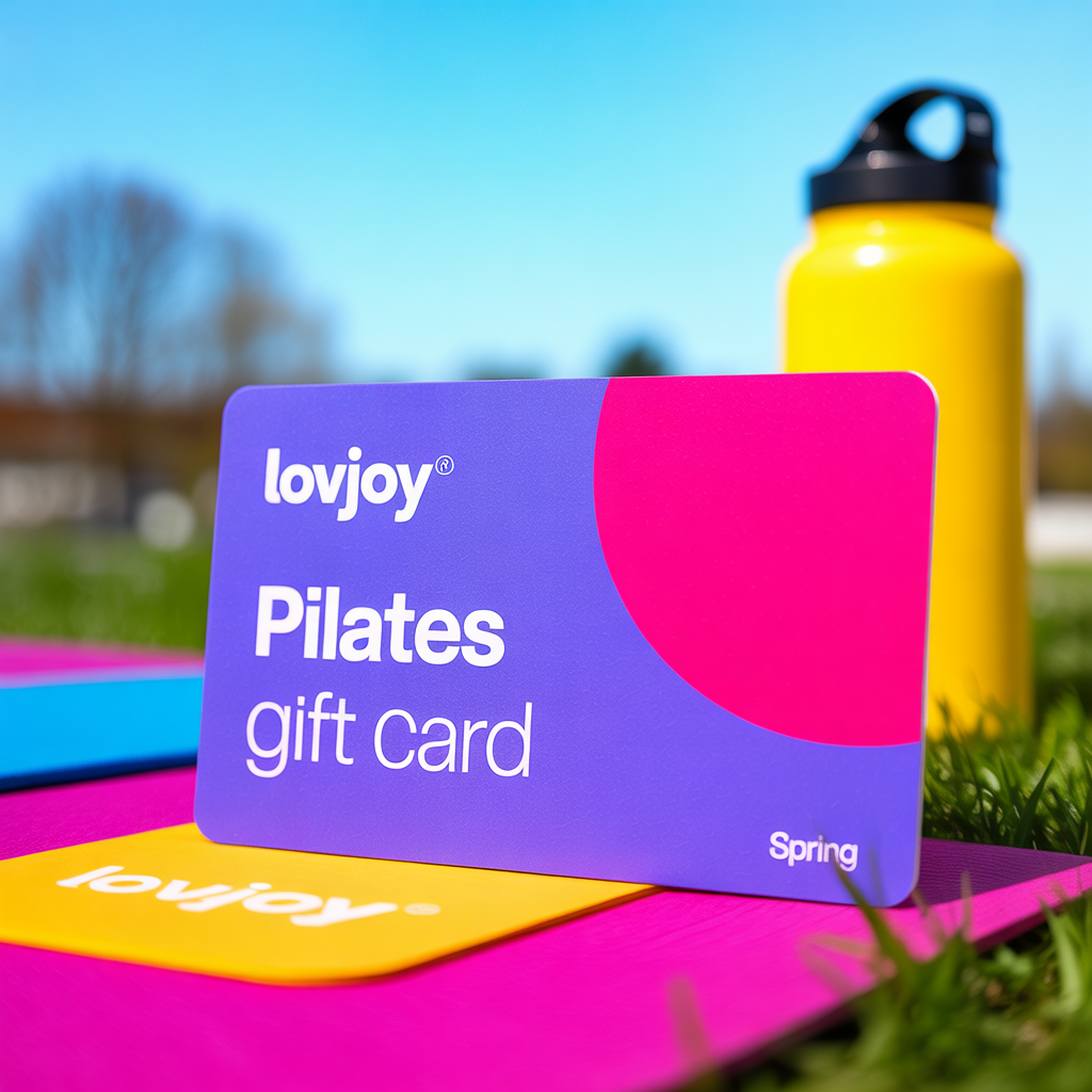 LOVJOY Pilates gift card with a Tiffany blue water bottle in a Christmas setting