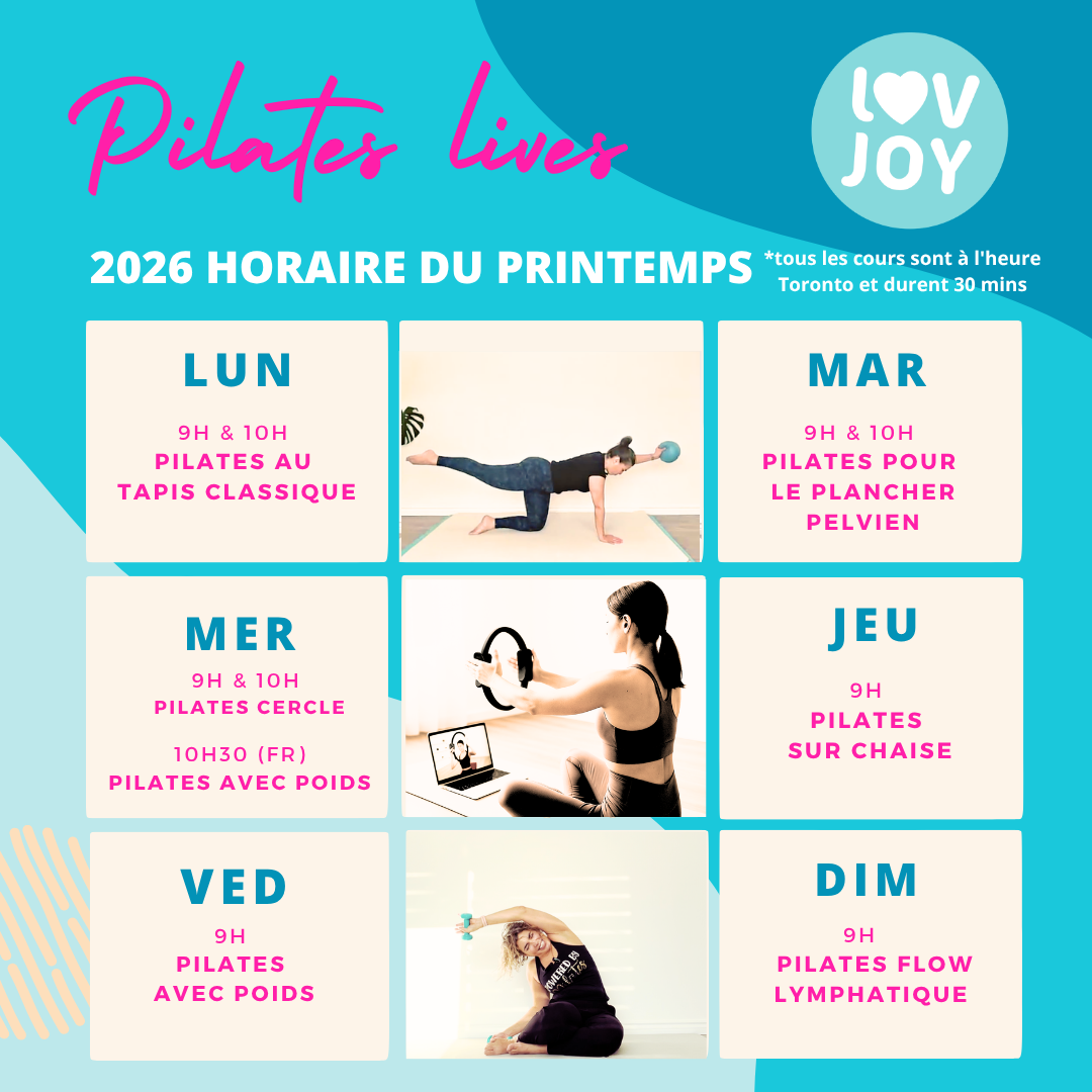 Zoom Group Pilates class with LOVJOY, showcasing participants in a virtual fitness session on a computer screen.