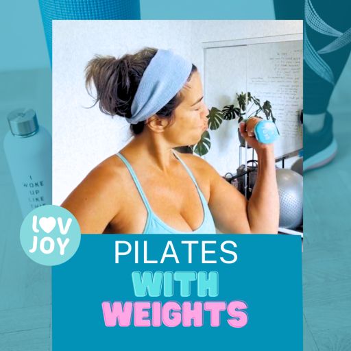 Woman exercising with weights in a home setting, featuring the 'LOVJOY' brand.